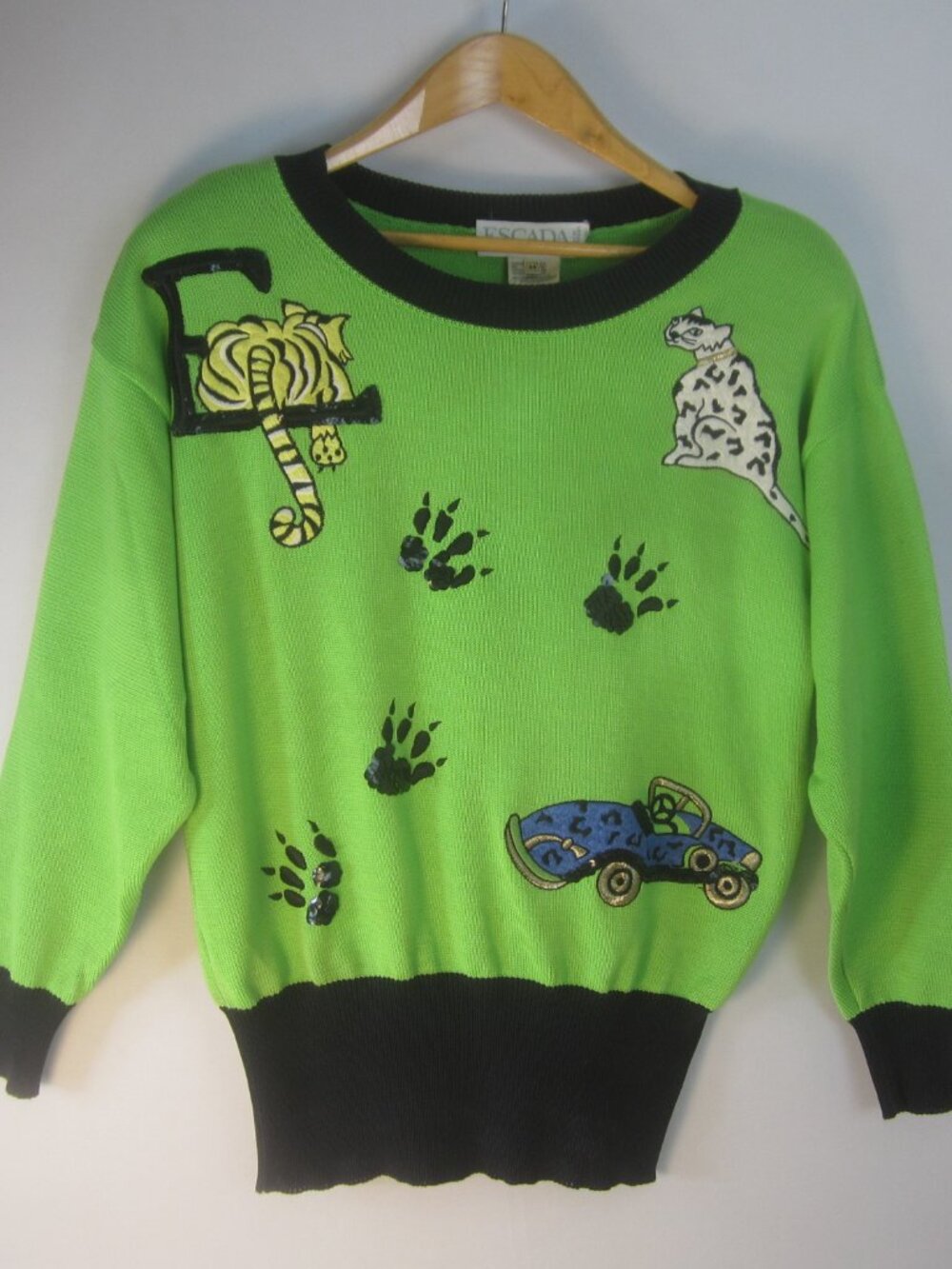 Vtg 90s Escada Women 34 Green Cotton Cat Leopard Sports Cars Sequin Sweater M